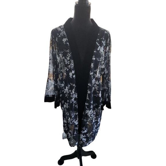 Alice Blue Sheer Long Swing Cut Cardigan Kimono With Velvet Trims Black Floral - Picture 1 of 5